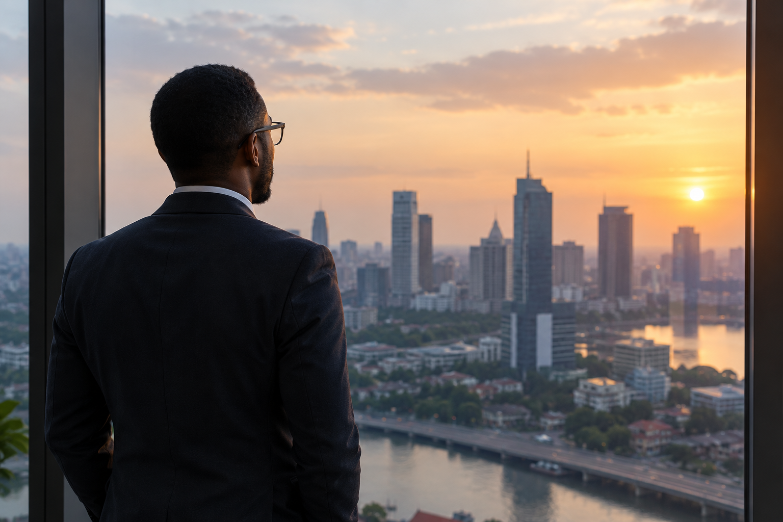 View over a city skyline at dusk